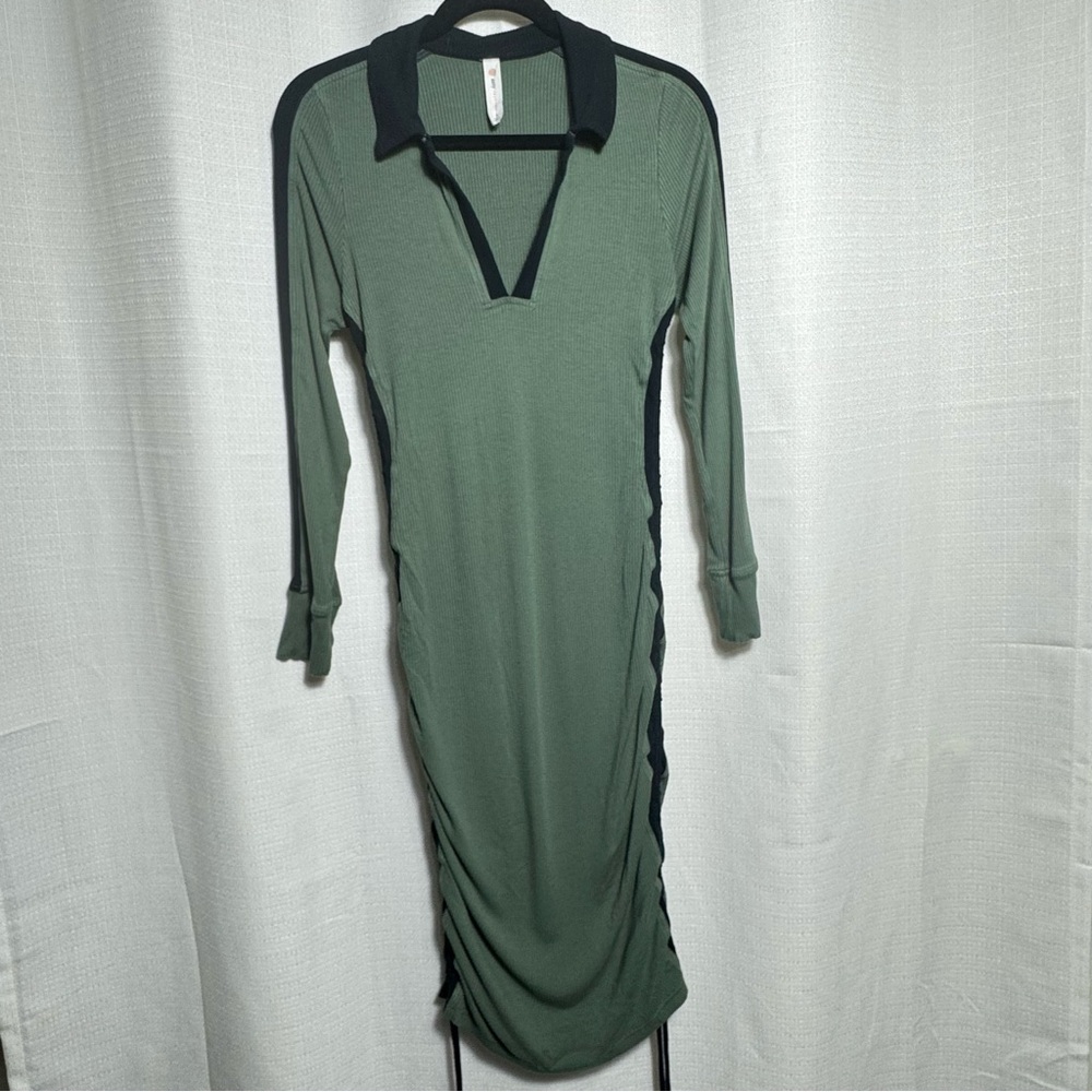 Daily Practice Sage Green Ruched Bodycon Midi Dress Collared Ribbed Drawstring M